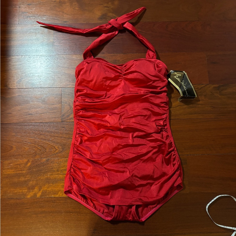 Elegant Esther Williams Pinup Red Halter One-Piece Swimsuit - Picture 2 of 6